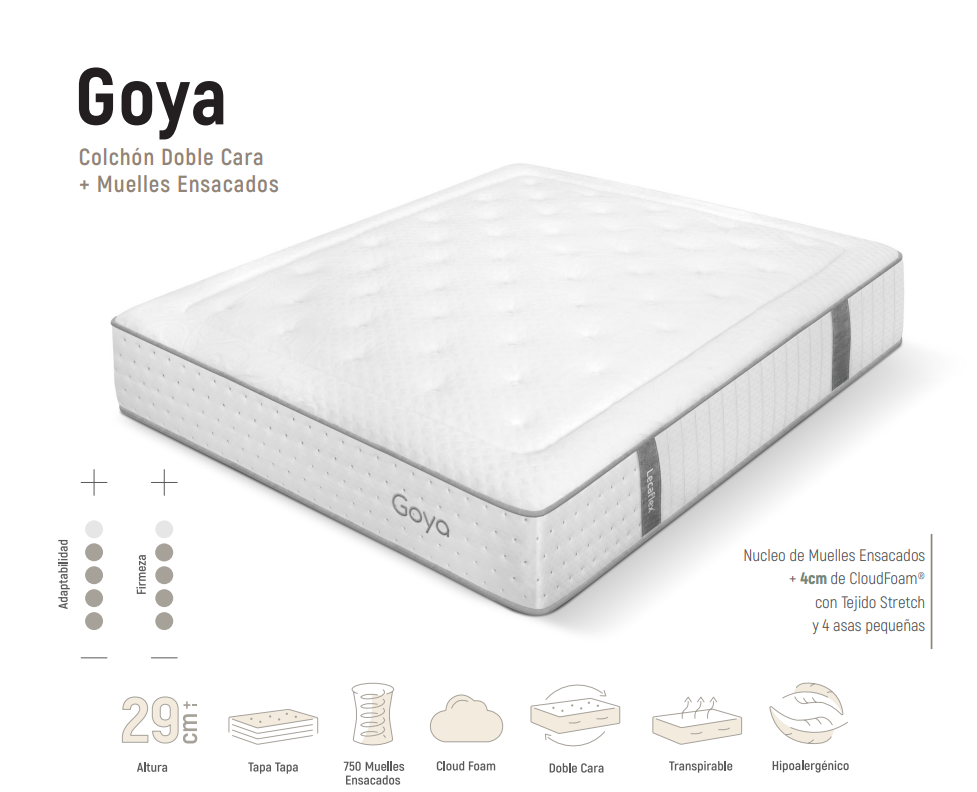 Colchón Goya | Muelles Ensacados + CloudFoam® 4 cm | 29 cm – Firmeza Media-Alta | Doble Cara