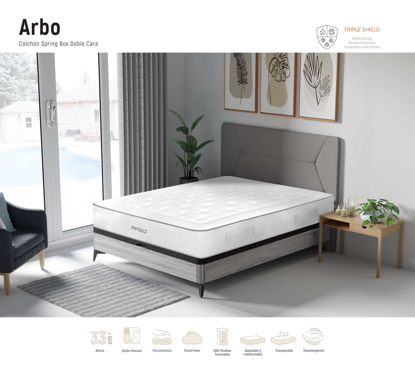 Colchón Arbo | Muelles Ensacados + Viscoelástica | Doble Cara – Altura 33 cm
