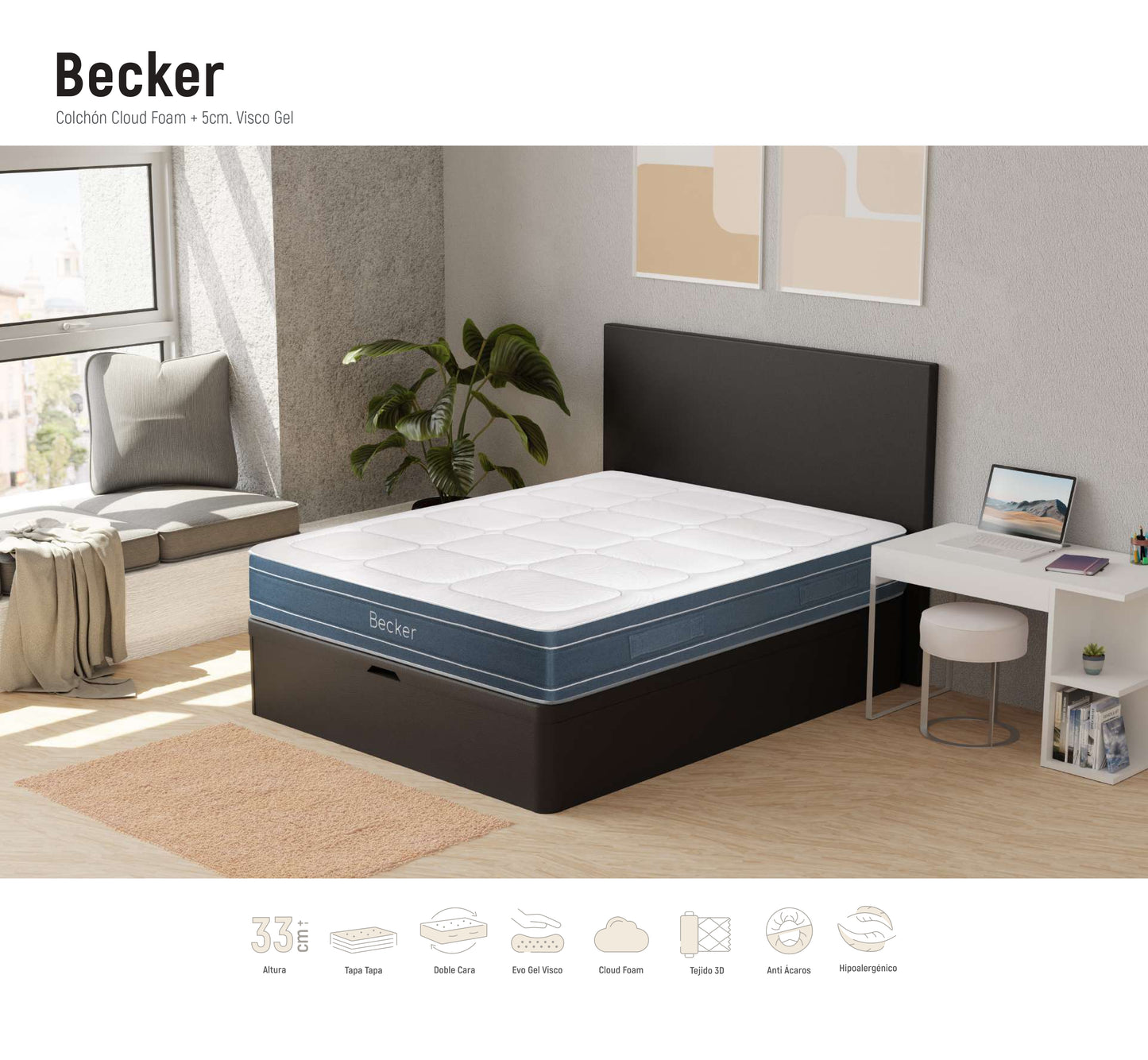 Colchón Becker | CloudFoam® + 5 cm Visco Gel | 33 cm – Firmeza Media | Doble Cara