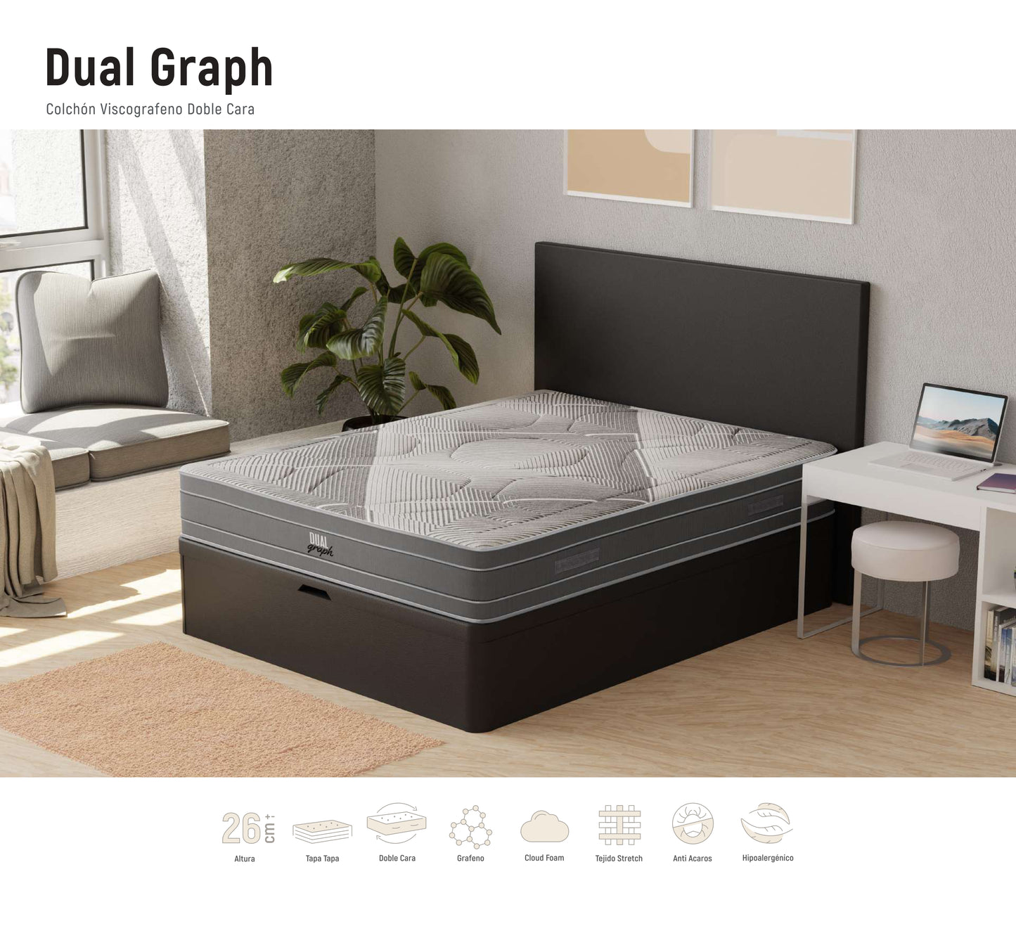 Colchón Dual Graph | Viscografeno Doble Cara | 26 cm – Firmeza Media-Alta | Doble Cara