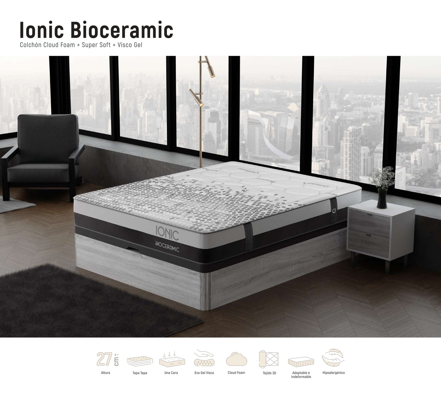 Colchón Ionic Bioceramic | CloudFoam® + Super Soft + Visco Gel | 27 cm – Firmeza Media | Una Cara