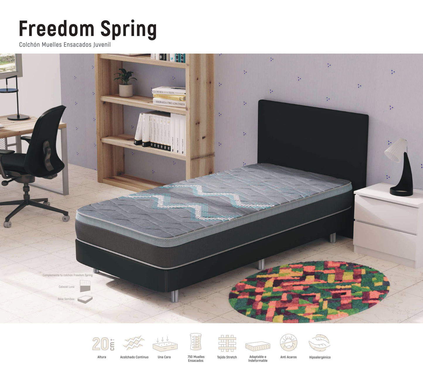 Colchón Freedom Spring | Muelles Ensacados Juvenil + Visco Gel | 20 cm – Firmeza Media | Una Cara