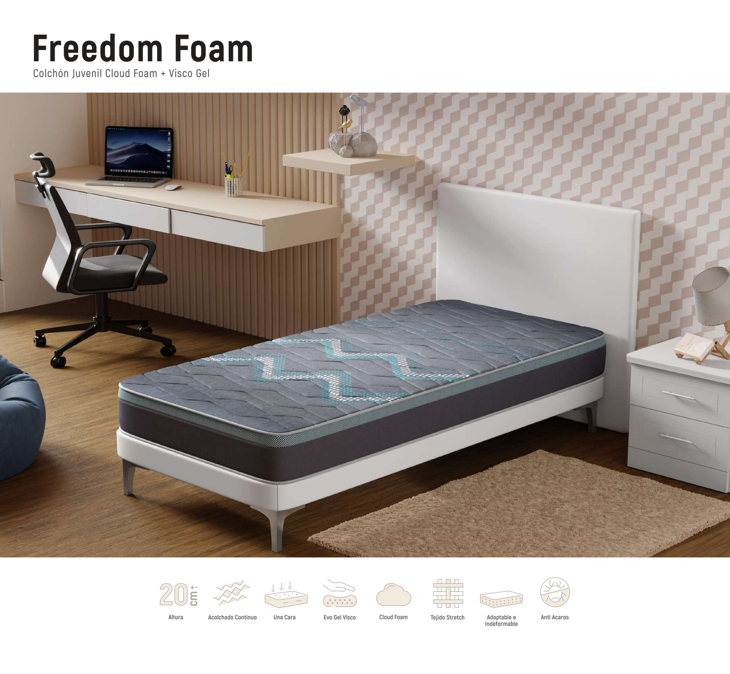 Colchón Freedom Foam | CloudFoam® + 2 cm Visco Gel | 20 cm – Firmeza Media | Una Cara
