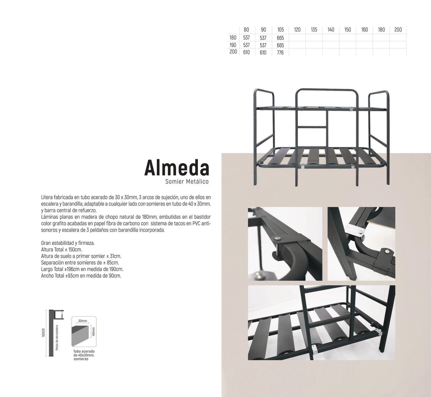 Almeda | Litera Metálica | Láminas de Chopo 180 mm | Altura Total 150 cm