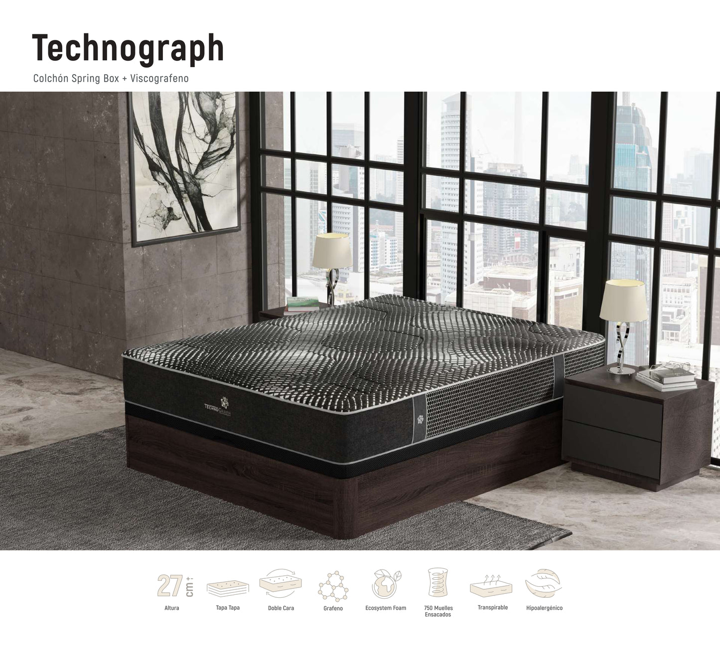 Colchón Technograph | Muelles Ensacados + Viscografeno | 27 cm – Firmeza Media-Alta | Doble Cara