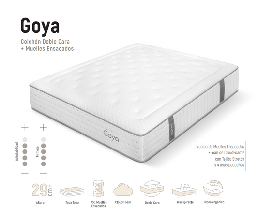 Colchón Goya | Muelles Ensacados + CloudFoam® 4 cm | 29 cm – Firmeza Media-Alta | Doble Cara