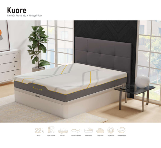 Kuore | Colchón Articulado + ViscoGel 5 cm | 22 cm – Firmeza Media | Una Cara