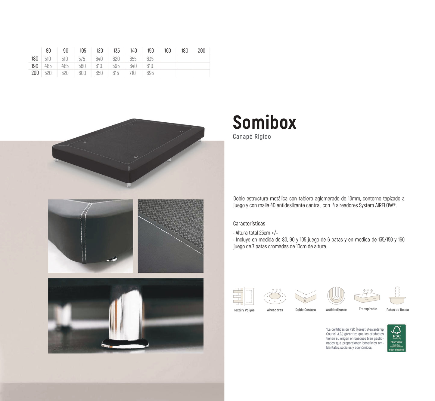Canapé Somibox | Canapé Rígido | Altura Total 25 cm | Estructura Metálica + 4 Aireadores AIRFLOW®