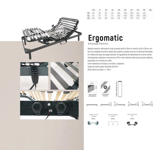 Cama Articulada Eléctrica Ergomatic | Bastidor de Acero Reforzado | Motor Silencioso | Láminas de Madera con Reguladores de Elasticidad