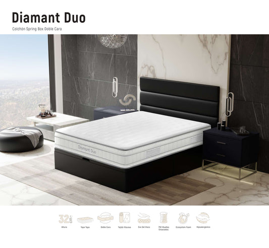 Colchón Diamant Duo | Muelles Ensacados + Viscoelástica | 32 cm – Firmeza Media-Alta | Doble Cara