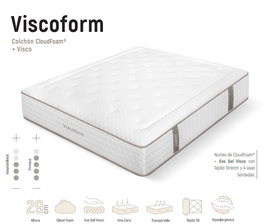 Colchón Viscoform | CloudFoam® + Evo Gel Visco | 29 cm – Firmeza Media-Alta | Una Cara