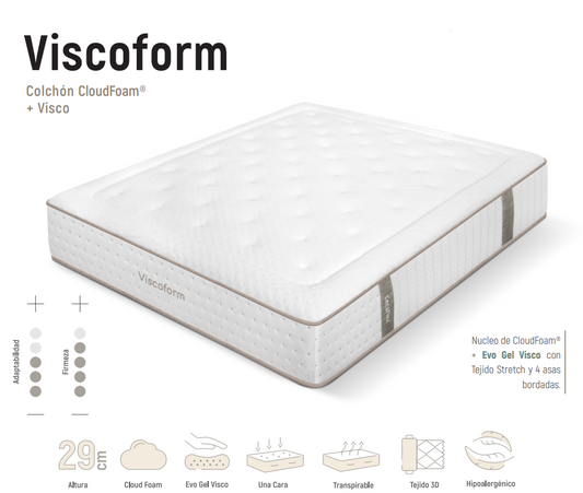 Colchón Viscoform | CloudFoam® + Evo Gel Visco | 29 cm – Firmeza Media-Alta | Una Cara